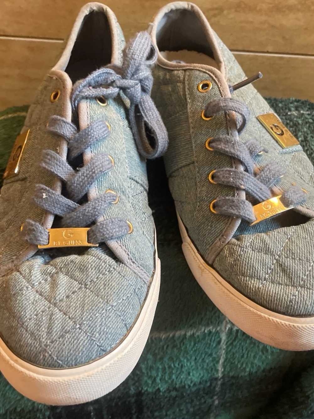 GUESS Light Blue Quilted Lace-Up Sneakers with Gold Hardware